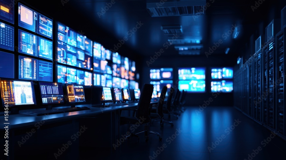 Poster modern control room with multiple screens displaying data and analytics in a dark environment