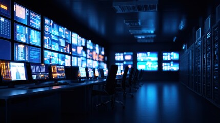 Modern control room with multiple screens displaying data and analytics in a dark environment
