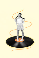 Pop graphics collage of person stand think on vinyl plate over yellow color background