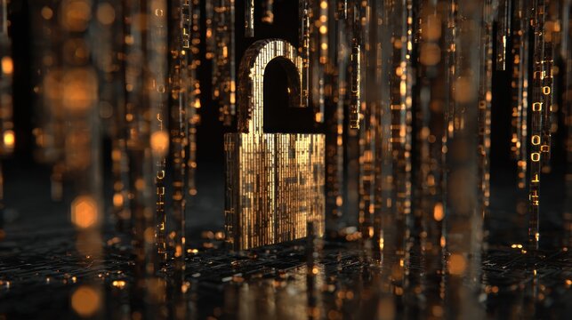 Golden padlock surrounded by falling binary code