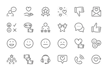 Feedback icon set. Review, evaluate, rating, comments, thumbs up, thumbs down,excellent, good, bad, emotions, thinking, positive, collective opinion, like, etc. Vector illustration. Editable stroke.