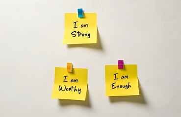 Three note paper on white background written I AM STRONG, I AM WORTHY, I AM ENOUGH - powerful self talk positive affirmations to boost self confidence in daily life