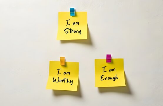 Three note paper on white background written I AM STRONG, I AM WORTHY, I AM ENOUGH - powerful self talk positive affirmations to boost self confidence in daily life
