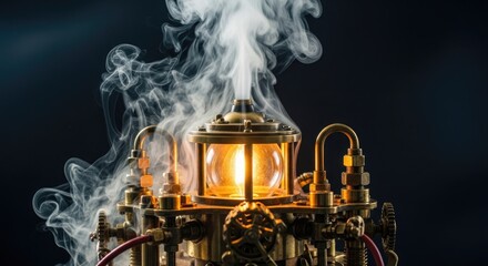 Ornate brass machine with glowing light and steam steampunk