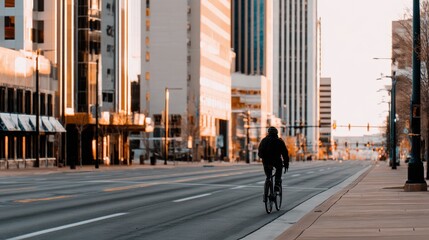A cyclist rides alone down a deserted city street lined with tall buildings at sunset