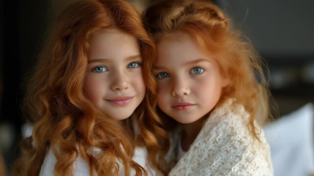 Two adorable red-haired children smiling gracefully for the camera, showing their gorgeous red hair