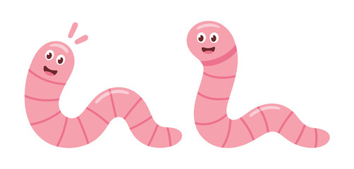 Two cute pink cartoon earthworms with happy faces on a white background