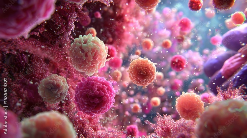 Wall mural discover a mesmerizing 3d animated scene of the gut microbiome featuring a radiant array of bacteria