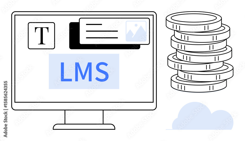 Poster desktop monitor displaying lms interface, document, and image tools, next to coin stacks and cloud g