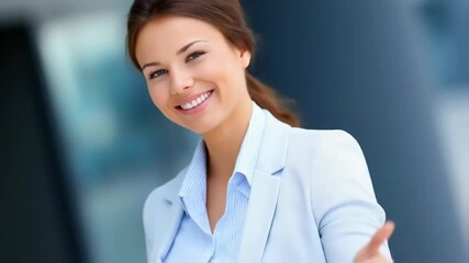 A professional woman smiles warmly, offering a friendly greeting