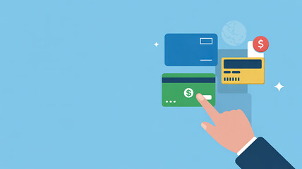 An illustration of a finger touching a credit card, symbolizing online payment and financial transactions