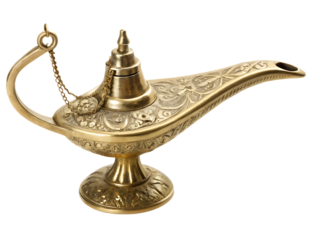 Ornate brass genie lamp isolated on a transparent background