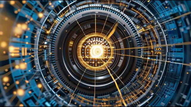 Futuristic Digital Tunnel and Lens with Glowing Circuits, Binary Code, and Data Streams Symbolizing Advanced Technology and Innovation