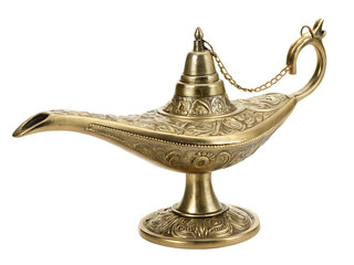 Fototapeta premium Ornate brass genie lamp with intricate carvings isolated on a transparent background