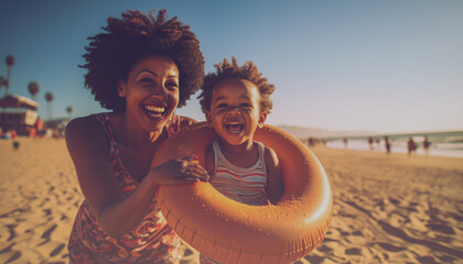 A Millennial American family teaches their children how to use a rubber ring on the beach.