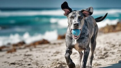 Merle Great Dane running on beach with blue ball, joyful summer scene with large playful dog by the sea - Powered by Adobe