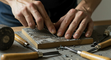 Artist carving intricate design on linoleum block for printmaking