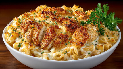 Creamy Pasta with Breaded Chicken Cutlets and Fresh Herbs in White Bowl