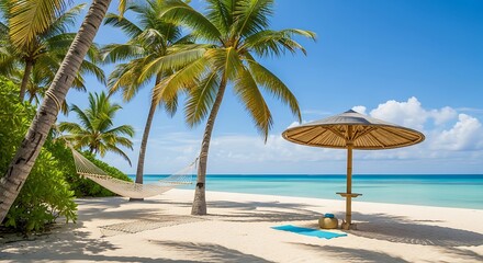 Obraz premium Tropical beach paradise with palm trees hammock and beach umbrella under a clear blue sky