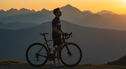 Fototapeta premium Cyclist Enjoying Sunset View in Mountain Landscape