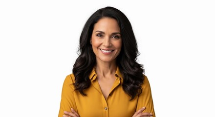 Fototapeta premium Happy Middle-Aged Hispanic Woman with Crossed Arms – Joyful Confident Portrait Isolated on White Background
