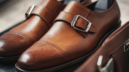 Brown leather dress shoes close up