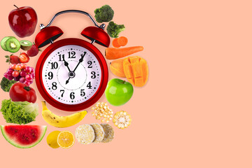 clock with vegetables and fruits, diet concept on pink background