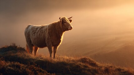 A beautiful white cow stands majestically on a hill at sunset, surrounded by golden grasses and a misty background.