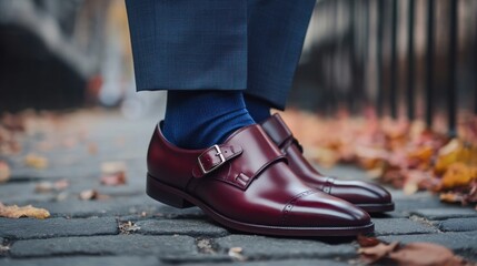Burgundy monk strap shoes on cobblestones