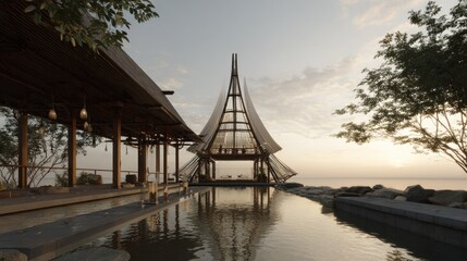Obraz premium Tranquil spa pavilion by water at dawn