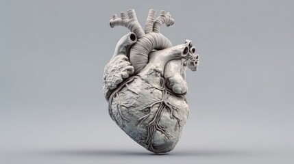 3D model of a detailed human heart, light gray