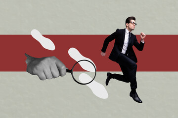 Art sketch image full 3d collage of serious manager man run hand hold magnifier lens zoom traces...