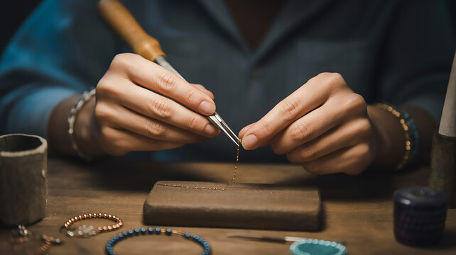 A jewelry maker carefully crafts a delicate gold chain bracelet with precision tools in their artisan workshop - Powered by Adobe
