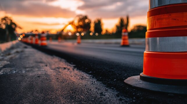 Construction site at sunset with traffic cones marking freshly paved road and blurred background