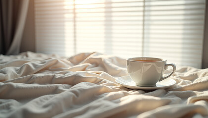 Coffee cup on white bedspread with sunlight through blinds  