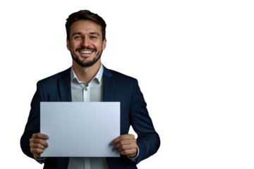 Business man, show presentation and mockup space with smile in portrait, advertising and communication in studio. Corporate opportunity, offer with information or announcement in studio for marketing