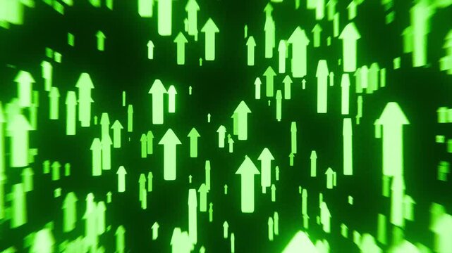 Bright animation of glowing green arrows rising upward, perfect for success, profit, crypto gain, and financial growth themes. Boosts visual impact for stock media.
