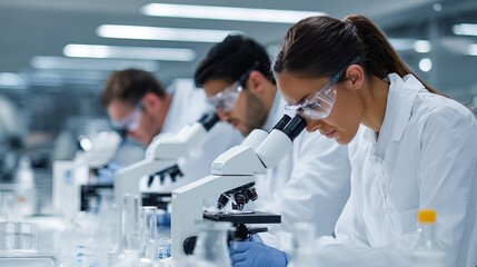 Focused female scientist in lab coat and goggles examining samples under a microscope with colleagues in a modern laboratory.