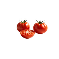 A group of tomatoes one cut in half on a black background