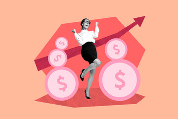 Poster graphics art collage of person win stand on orange background with arrows graphs coins