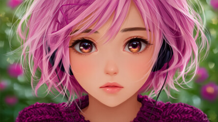 Naklejka premium Anime Girl with Pink Hair and Headphones