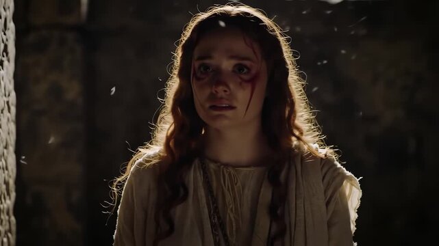 Portrait of a terrified young medieval woman with bloody eyes in a dark dusty dungeon