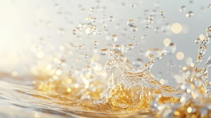 Naklejka premium Dynamic Golden Liquid Splash with Sparkling Water Droplets and Bokeh Background splash water liquid