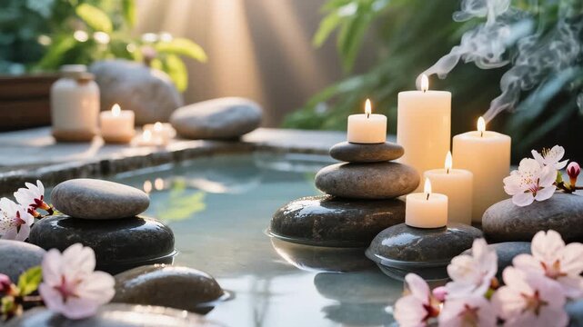A slow zoom into a zen spa scene with candles on stones, cherry blossoms, and drifting smoke.