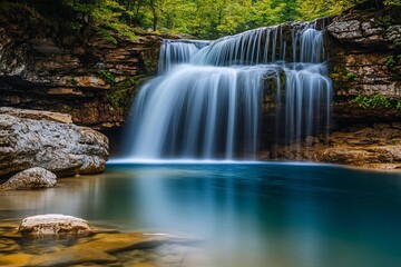 Obraz premium Majestic waterfall cascading into a tranquil turquoise pool surrounded by lush green forest and rugged rocks, peaceful natural oasis for relaxation and inspiration
