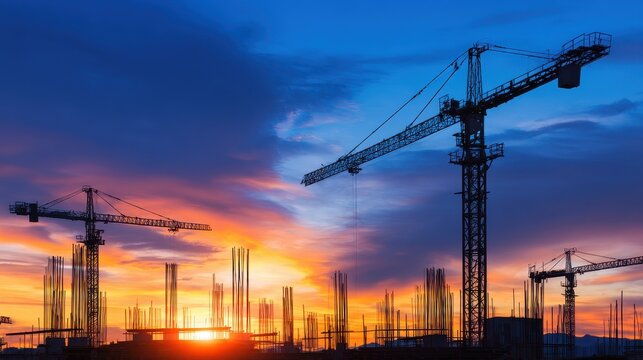 Sunset over a construction site with cranes silhouetted against a vibrant sky