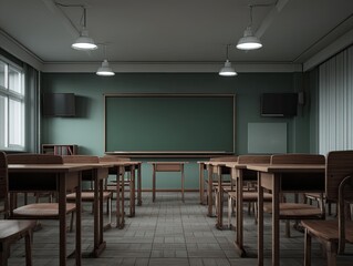Empty classroom, muted tones