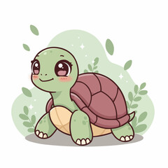 Obraz premium Cute cartoon turtle smiling with greenery in a cheerful style 