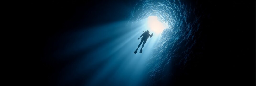 Sunbeams illuminate a scuba diver exploring a mysterious underwater cave, creating a dramatic and awe inspiring scene of adventure and discovery in the deep blue