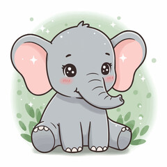 Naklejka premium Cute gray elephant character sitting among green leaves 